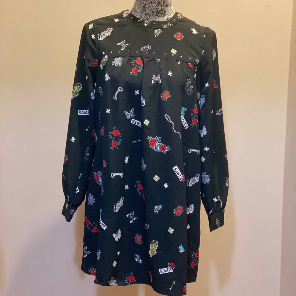 Zara Women’s XS Black Rose Long Sleeve Studded Dress
